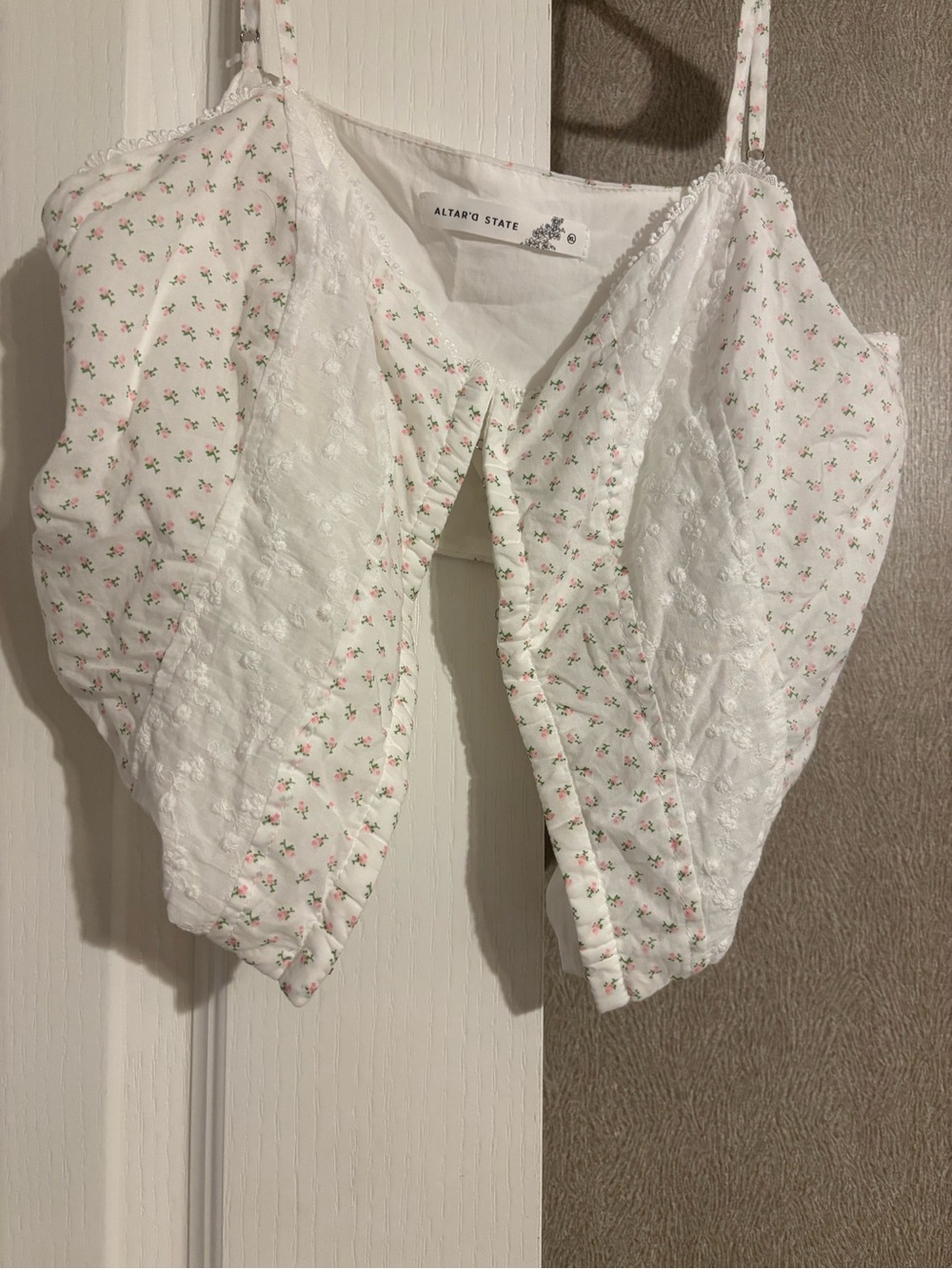 Altar'd State White Quilted Floral Camisole with Pink & Green Accents